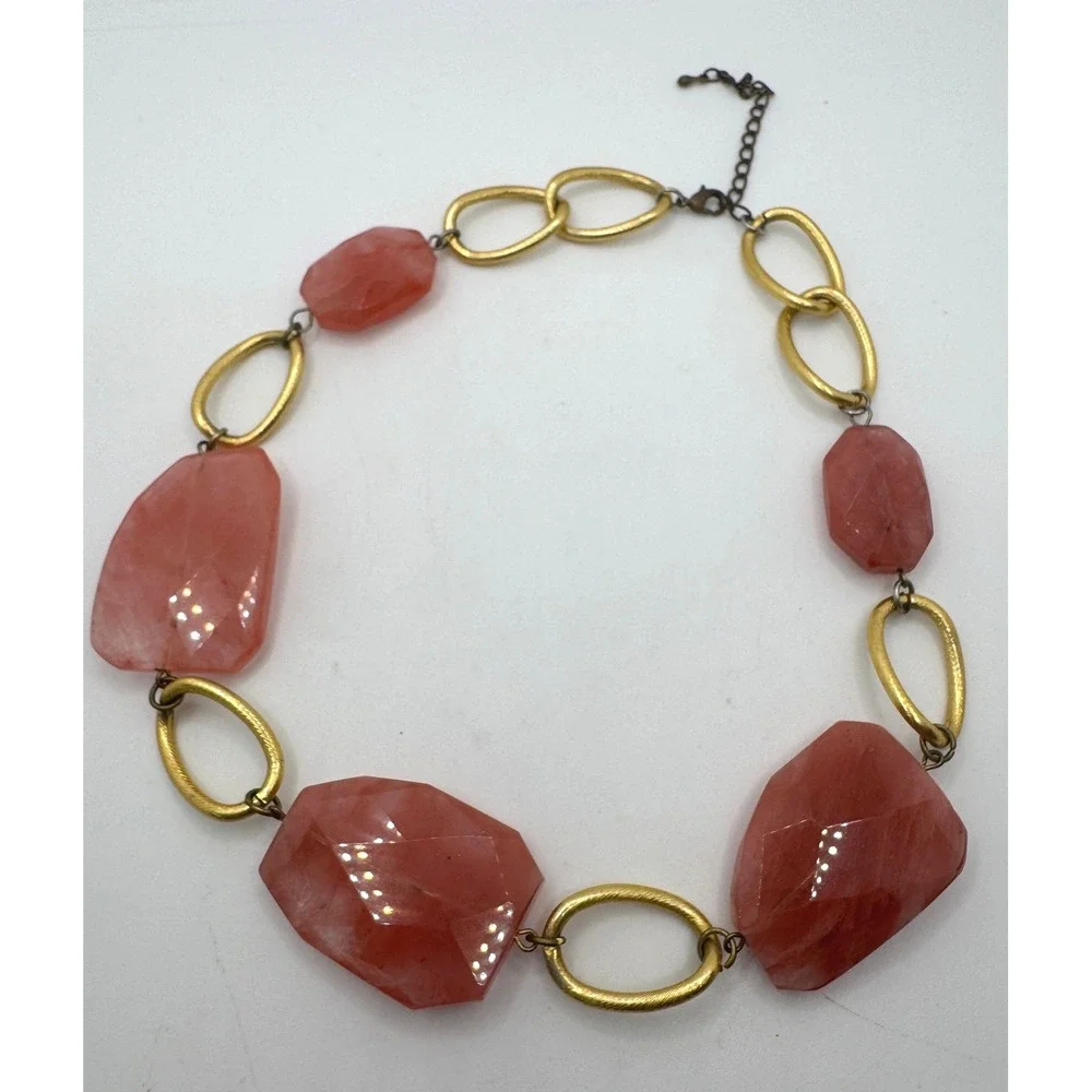 Chunky Salmon Pink Faceted Stone Gold Tone Textured Link Statement Necklace